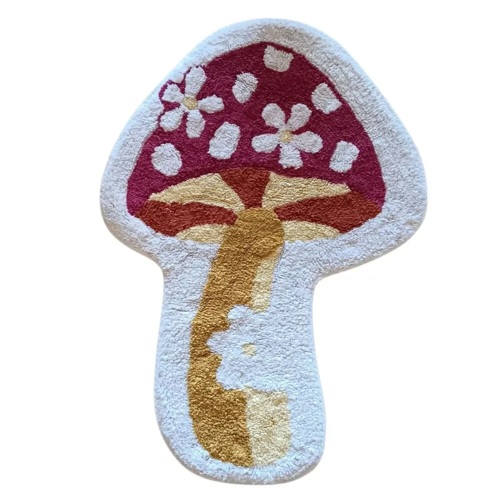 Mushroom Shaped Rug Red/Pink Mushroom & Off White Flowers Yellow Stem 36